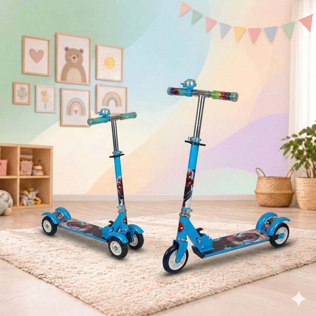 Kids Scooty for Boys Blue Colour Spiderman Character - Black Premium Tyres