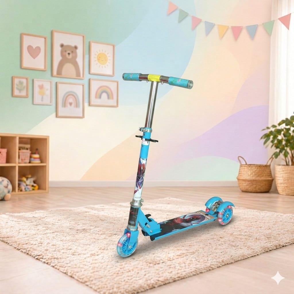 Kids Scooty for Boys Blue Colour- Spiderman - Stainless Steel - Elegant Lightning Tyres