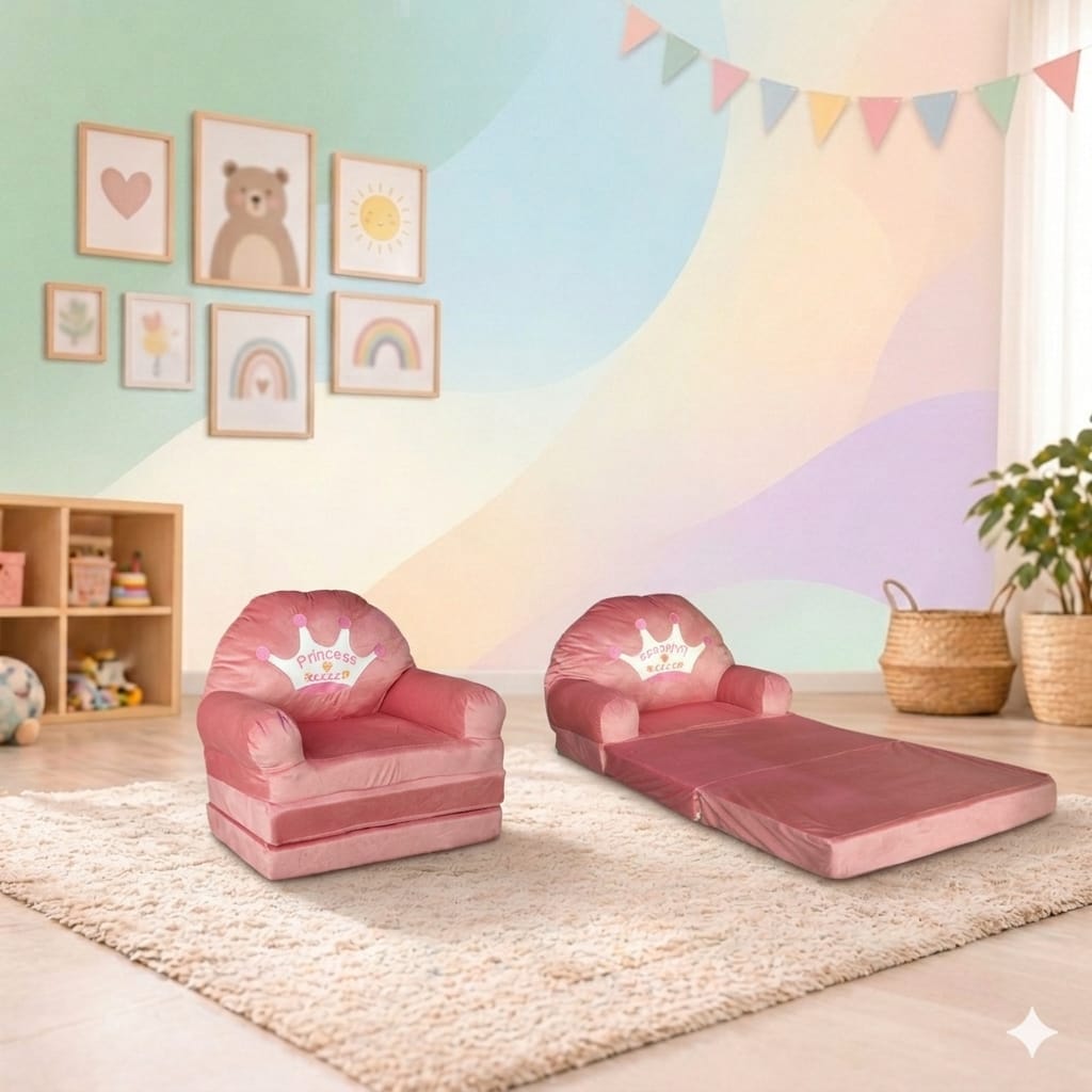 Foldable Kids Sofa Chair Cum Bed - Pink Colour - Princess Style