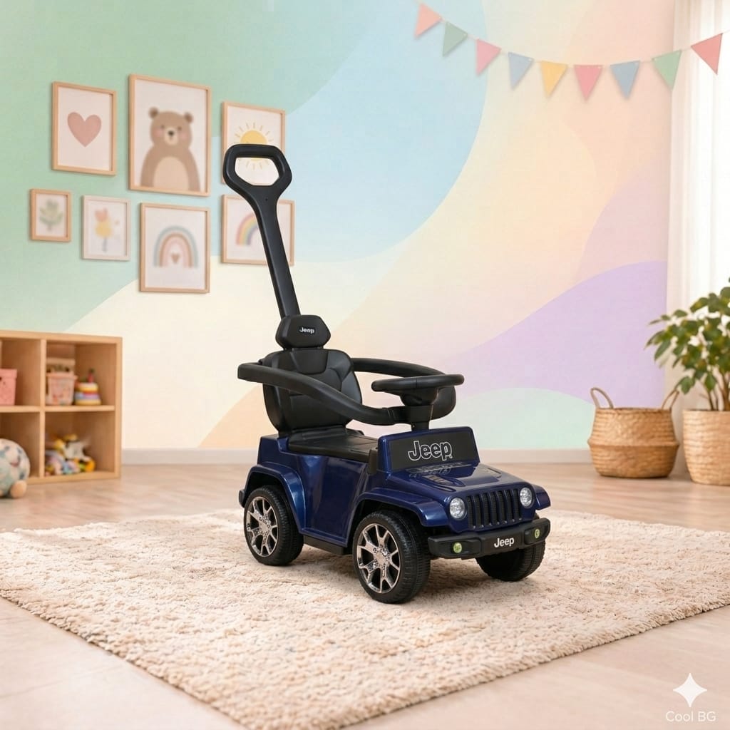 Export Quality Jeep Push Car for kids - Adorable Front Lights - Blue Colour