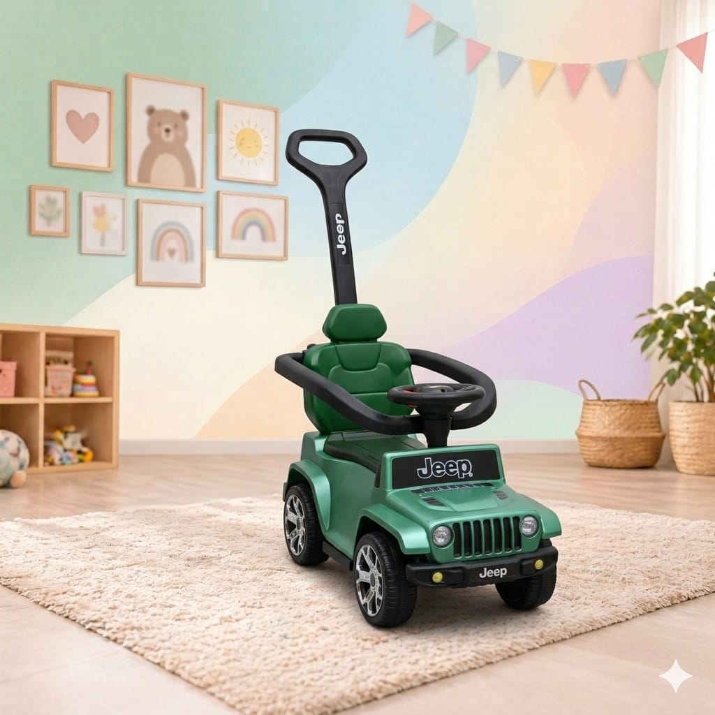 Export Quality Jeep Push Car for kids - Adorable Front Lights - Green Colour